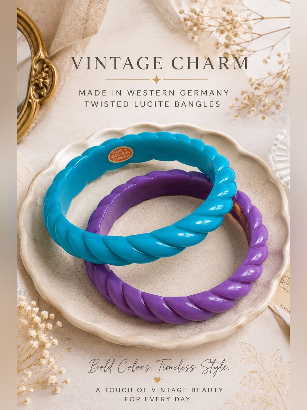 VTG West Germany Lucite Twisted Bangle Bracelet Set Purple & Turquoise Retro